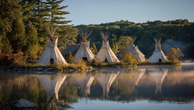 Sunrise over tepees reflected on still water