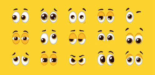 Collection of cartoon emoji eyes with various expressions like happy, sad, surprised, sleepy, and confused on a bright yellow background. Vector illustrations set