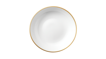 Elegant white ceramic bowl with a thin gold rim, isolated for versatile design use