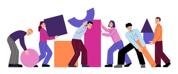 Group of diverse people collaborating by carrying colorful geometric shapes, flat graphic style, isolated on white background. Concept of teamwork and unity. Flat vector illustration