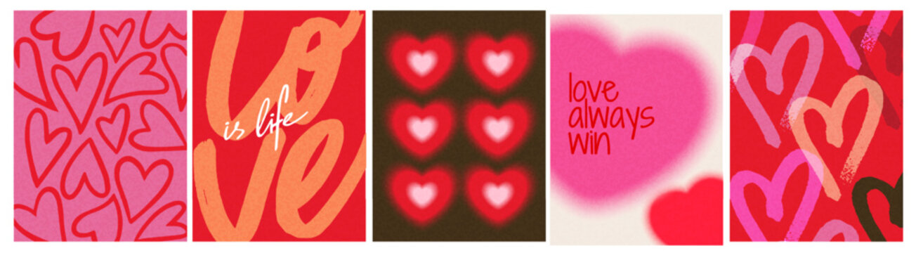 Set of abstract heart-themed designs with love quotes, hand-drawn and textured style, on colorful backgrounds, expressing affection and positivity. Set of vector illustrations