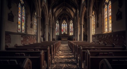 Fototapeta premium Abandoned Church Interior with Stained Glass Windows and Pews