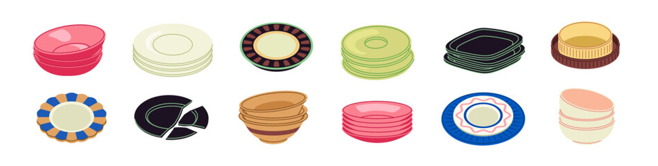 A collection of colorful bowls and plates in different shapes and styles, flat graphic style, isolated on white background. Concept of kitchen utensils. Vector illustrations set
