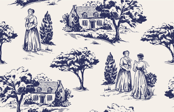 Elegant toile pattern with women in historical dress, cottages, and trees in detailed sketch style on light background. Concept of vintage countryside life. Vector illustration