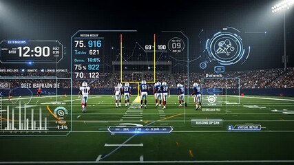Football game in a stadium with players on the field, digital stats overlay highlighting key metrics - Powered by Adobe