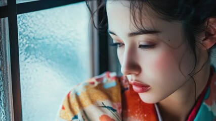 Japanese woman gazing out a window with snow falling, evoking a sense of contemplation and elegance.