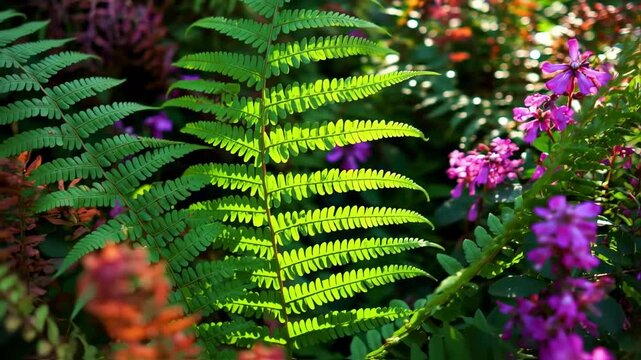 Vibrant fern and flowers in a garden setting