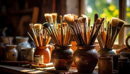 Paintbrushes in rustic pottery jars