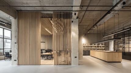 Office interior with vertical wooden slats used as a partition divider