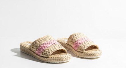 Light beige woven sandals with pink accents