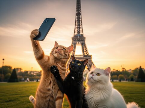 Whiskered companions face camera in perfect golden hour glow, framed by city skyline and soft warm tones capturing perfect feline composition