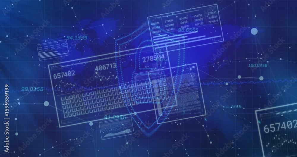 Poster upon startup panels sliding and updating values while keyboard forming padlock fading into shield