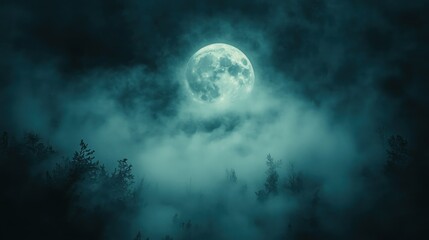 Mystical Full Moon Over Foggy Forest