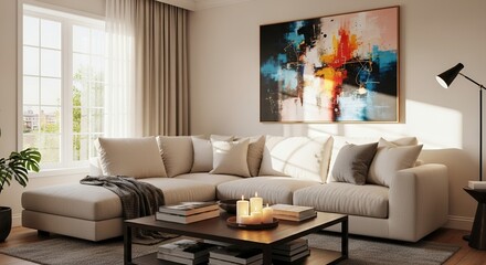 Modern Living Room Interior Design with Beige Sectional Sofa and Abstract Art