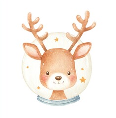 Adorable Watercolor Reindeer in a Snow Globe, surrounded by stars a charming, whimsical winter scene.