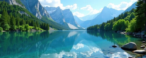 Crystal clear alpine lake, majestic mountains reflecting on calm water , log cabin, boats, alpine lake