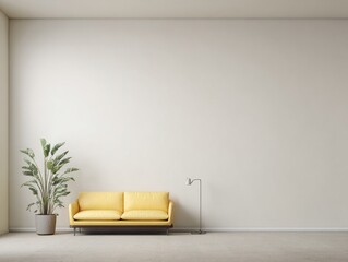 Modern living room interior with a yellow couch and houseplant.