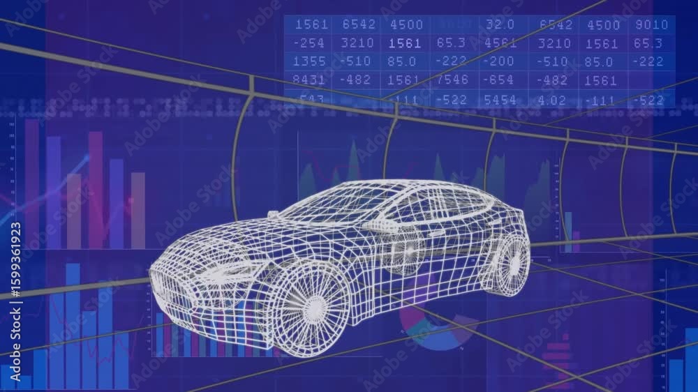 Poster on start 3d wireframe sedan rotating while holographic data panels updating to visualize metrics