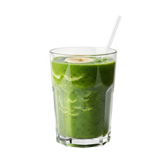 Refreshing Green Smoothie in Glass with Banana Slice.