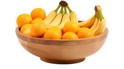Wooden bowl filled with fresh oranges and bananas, a colorful and healthy fruit display