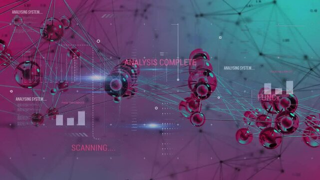Scanning beam sweeping network clusters, spheres pulsing, bars sliding and analyzing system status