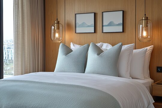 Modern bedroom with light-toned wood paneling, light-blue throw pillows and bedding, and hanging pendant lights - Powered by Adobe