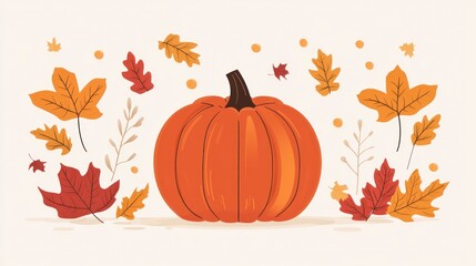 Naklejka premium Autumn pumpkin surrounded by falling leaves