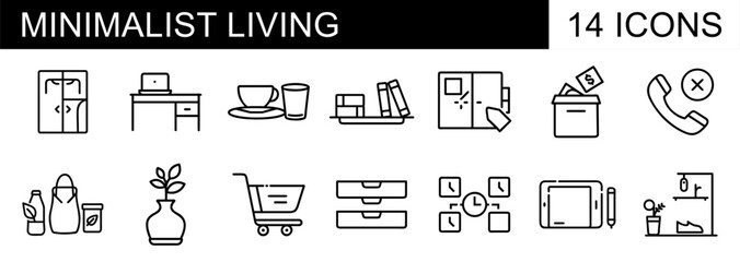 A set of 14 line art icons representing minimalist living concepts, including decluttering, organization, simple essentials, and digital well-being.
