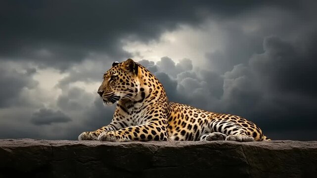 Leopard resting on a rock against a dramatic sky.