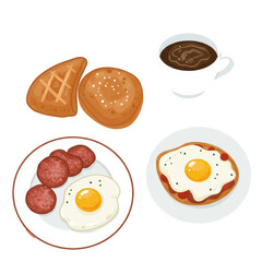 A delicious breakfast spread featuring eggs, sausage, pastries, and coffee
