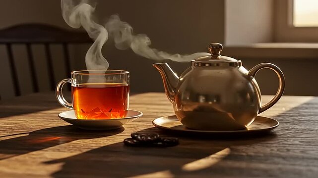 A serene tea setting with a steaming cup and teapot on a wooden table, sunlight streaming through a window