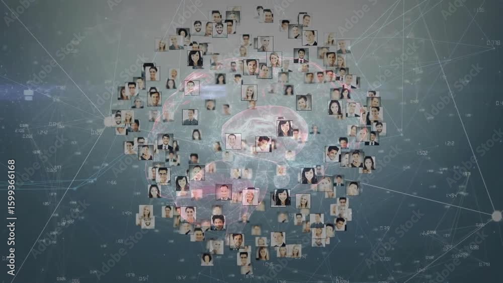 Poster portrait tiles fading in aligning into brain on globe demonstrating tech network intelligence