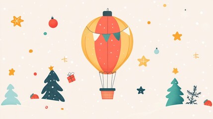 Festive hot air balloon over snowy landscape, holiday scene, kids decor, gift giving