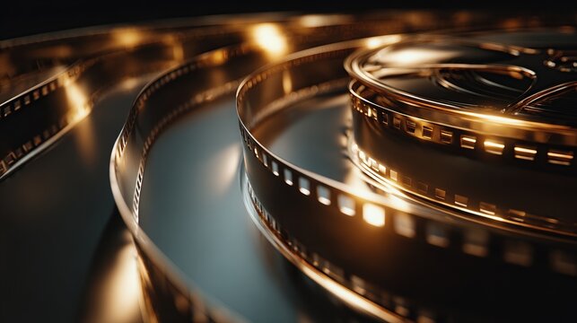 Golden film reel unwinds, glossy, capturing light with vintage celluloid strip
