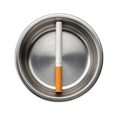 Single unlit cigarette standing upright in a metal ashtray isolated on transparent background