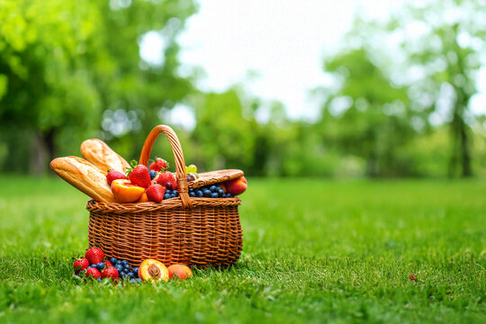 wicker picnic basket on green grass. Summer sunny day and picnic basket.