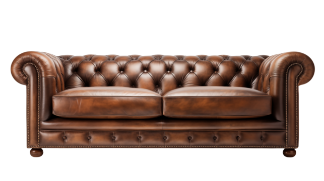 Elegant brown leather chesterfield sofa with tufted cushions and rolled arms stands alone