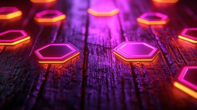 Neon Hexagons on Dark Wooden Surface: Abstract Digital Art