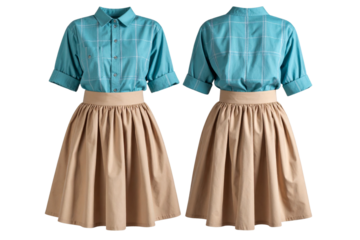 Teal and Sand Checked Twinset with Cropped Shirt and Flared Pleated Mini Skirt, Transparent Background
