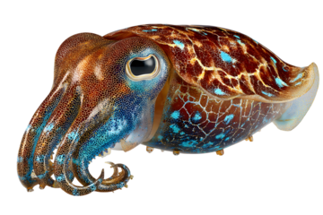 Close-up image of a vibrant and colorful cuttlefish against a transparent background