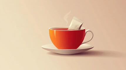 Fototapeta premium Orange tea cup with tea bag, steaming, still life, warm drink, for use in a beverage advertisement or website