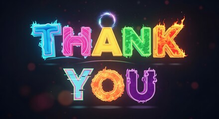 Colorful, glowing "Thank You" text with fire and light effects against a dark background.