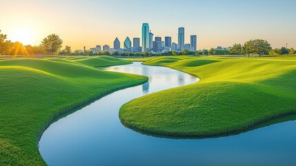 Dallas Skyline Sunrise Over Lush Golf Course