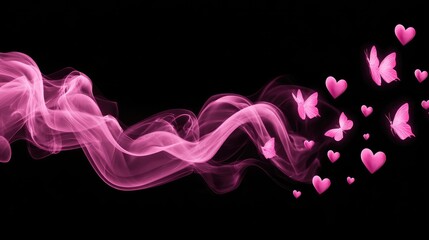 Pink smoke swirls with hearts and butterflies.