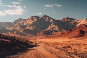 Naklejka premium Dusty road winds through a colorful, mountainous desert landscape under a pale sky