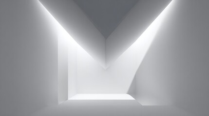 Abstract minimalist rendering of a bright, white, angular room with light beams converging at a central point, creating a V-shaped structure