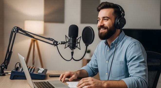 Happy podcaster recording audio, using professional microphone and laptop in home studio. - Powered by Adobe