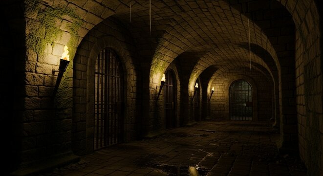 Dark Medieval Corridor with Iron Gates and Torches - Powered by Adobe
