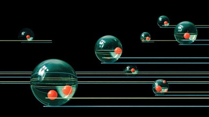 Transparent spheres with red accents, suspended in a network of lines.