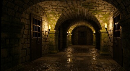 Obraz premium Dark Medieval Corridor with Stone Walls and Cell Doors